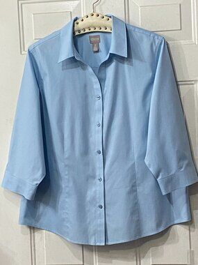 Chicos Wrinkle Resistant Sz 3 (XL) Blouse Button Up Shirt Blue 3/4 Sleeve